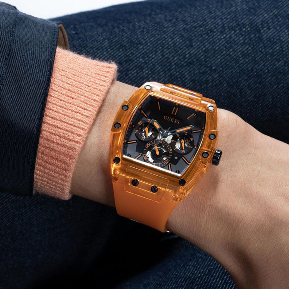 Reloj Guess Phoenix Policarbonato Transparente Con Correa Naranja